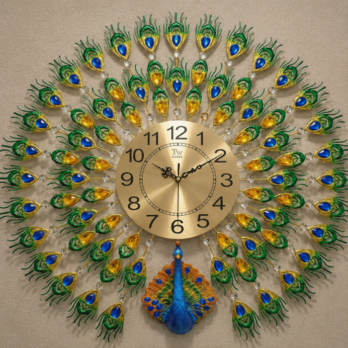 Premium 70x70cm Peacock Art Wall Clock with Metal and Artisan Crystals