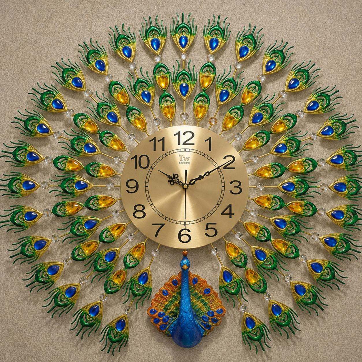 Premium 70x70cm Peacock Art Wall Clock with Metal and Artisan Crystals