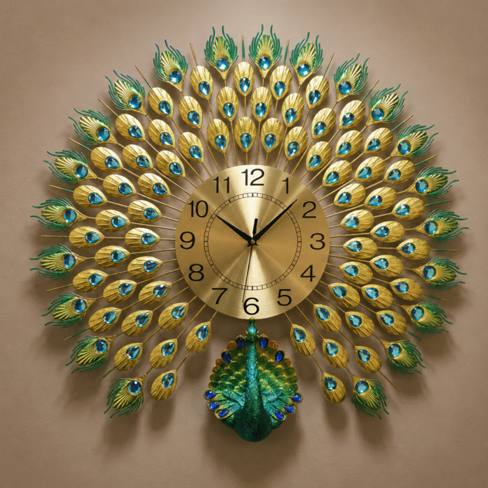 Premium 70x70cm Peacock Art Wall Clock with Metal and Artisan Crystals