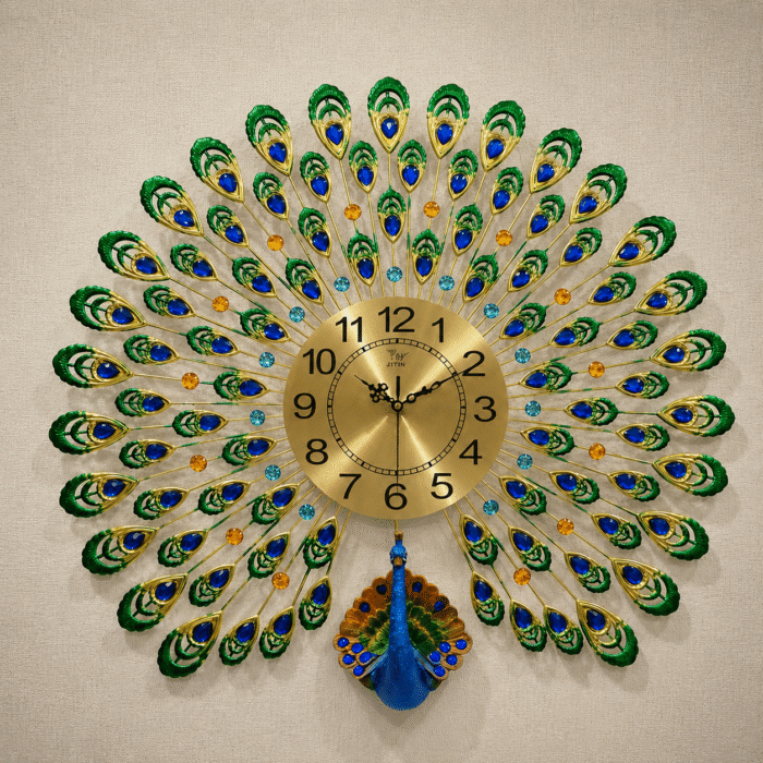 Premium 70x70cm Peacock Art Wall Clock with Metal and Artisan Crystals