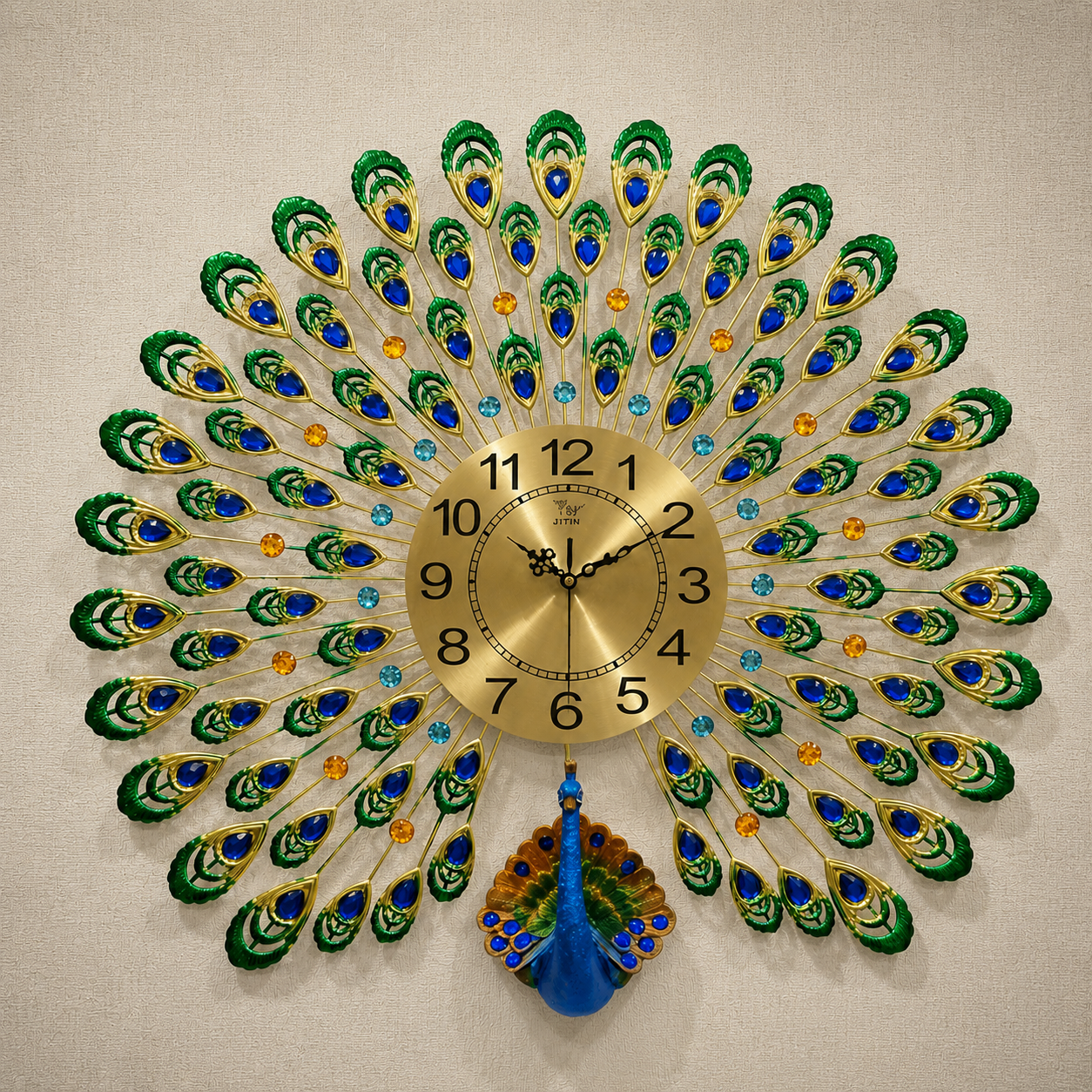 Premium 70x70cm Peacock Art Wall Clock with Metal and Artisan Crystals