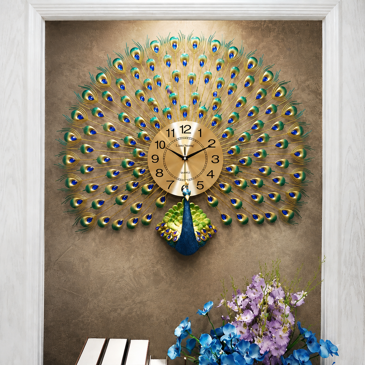 Premium 70x70cm Peacock Art Wall Clock with Metal and Artisan Crystals