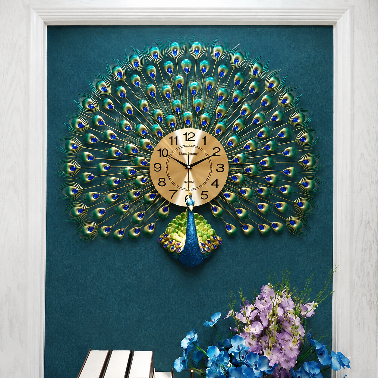 Premium 70x70cm Peacock Art Wall Clock with Metal and Artisan Crystals